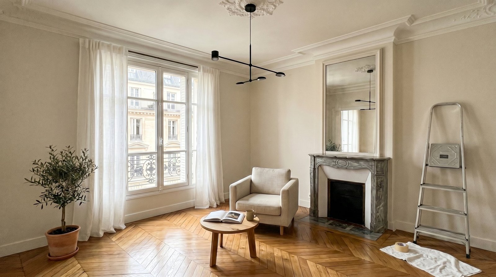 Salon haussmannien parisien fraîchement rénové par Celtic Groupe