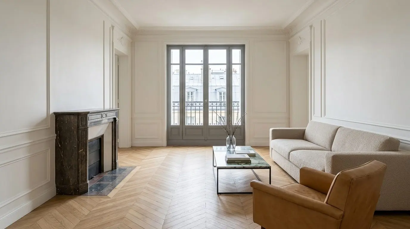 Salon parisien rénové parquet point Hongrie Celtic Groupe